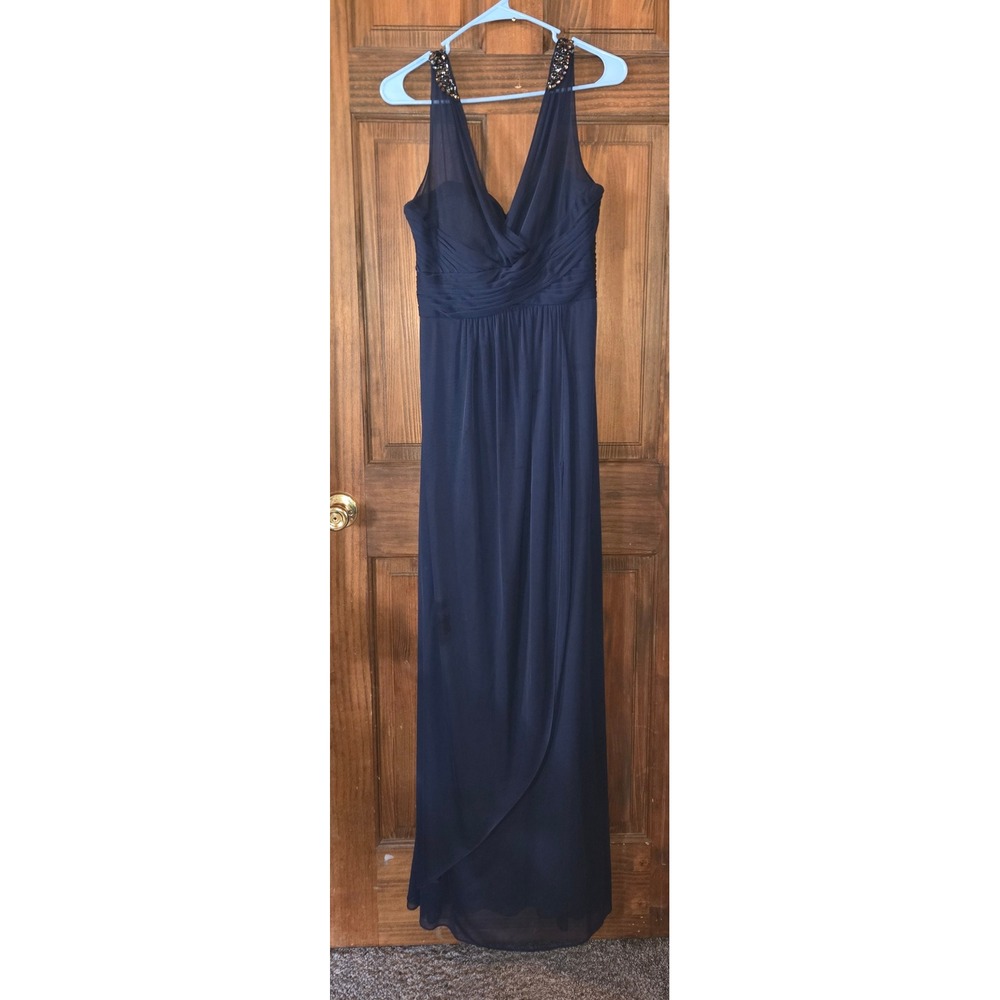 Adrianna Papell Navy Blue‎ Beaded Strap Pleated Chiffon Evening Gown Size 10